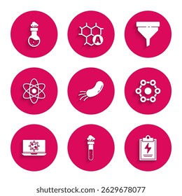 Set Bacteria, Test tube and flask chemical, Laboratory clipboard with checklist, Chemical formula, on laptop, Atom, Funnel filter and  icon. Vector
