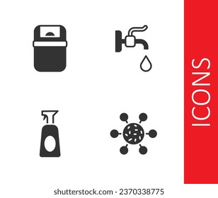 Set Bacteria, Trash can, Cleaning spray with detergent and Water tap icon. Vector