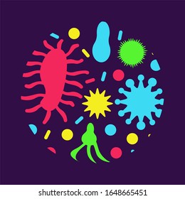 Set of bacteria and virus in circle of acid colors with tentacles medecin background