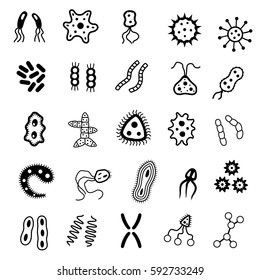 Set of bacteria and virus icons. Icons of harmful bacteria, fungus and other vermin. Vector illustration.