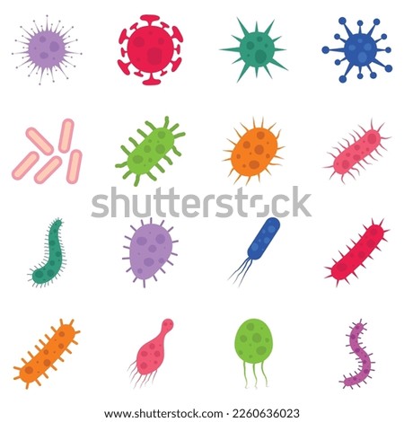 set of bacteria and virus vector illustration in flat style. Disease-causing bacterias, viruses and microbes.