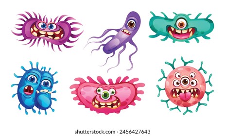 Set of bacteria, viruses and germs cartoon character with funny faces. Microscopic cell illness, bacterium and microorganism. Vector illustration