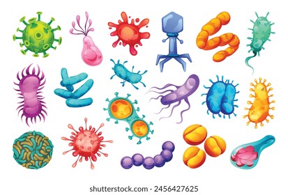 Set of bacteria, viruses and germs. Microscopic cell illness, bacterium and microorganism. Vector illustration