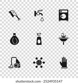 Set Bacteria, Washbasin, Rubber gloves, Cleaning spray with detergent, Washer, Brush for cleaning, Water tap and Garbage bag icon. Vector