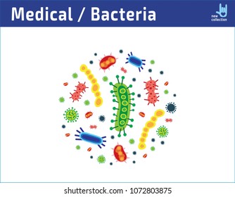 Set Bacterial microorganism icon.
bacteria and germs colorful illustration.
micro-organisms disease-causing objects,
different types, viruses, fungi, protozoa.
Vector flat cartoon 