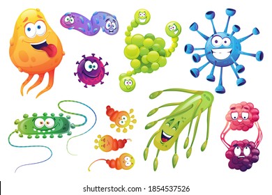 Set of bacterial pathogen characters, biological monsters emoji emoticons isolated. Vector happy bacteria, virus germs cartoon characters for kids. Microbes microorganisms, viruses funny mutants