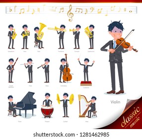 A set of bad condition businessman on classical music performances.There are actions to play various instruments such as string instruments and wind instruments.It's vector art so it's easy to edit.