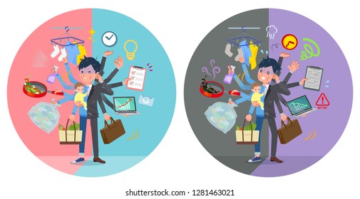 A set of bad condition businessman who perform multitasking in offices and private.There are things to do smoothly and a pattern that is in a panic.It's vector art so it's easy to edit.