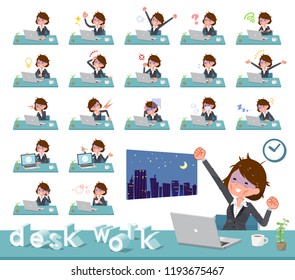 A set of bad condition women on desk work.There are various actions such as feelings and fatigue.It's vector art so it's easy to edit.