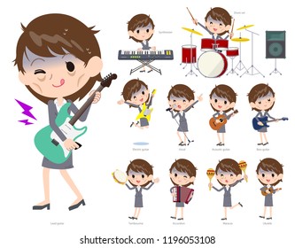 A set of bad condition women playing rock 'n' roll and pop music.There are also various instruments such as ukulele and tambourine.It's vector art so it's easy to edit.