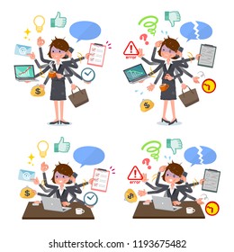 A set of bad condition women who perform multitasking in the office.There are things to do smoothly and a pattern that is in a panic.It's vector art so it's easy to edit.