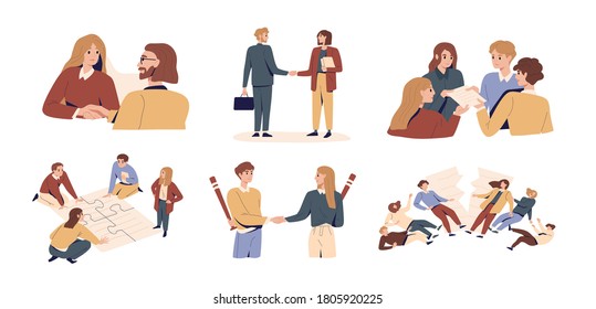 Set of bad, failed or successful team work and deception in partnership. Concept of business agreement or betray between partners. Dishonest teamwork flat vector illustration isolated on white