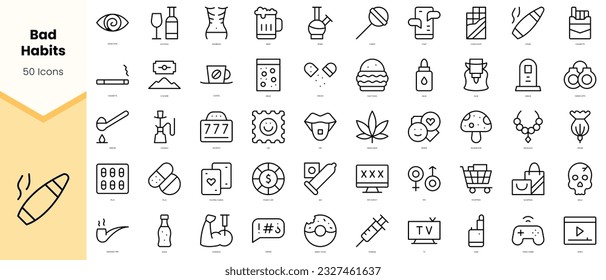 Set of bad habits Icons. Simple line art style icons pack. Vector illustration