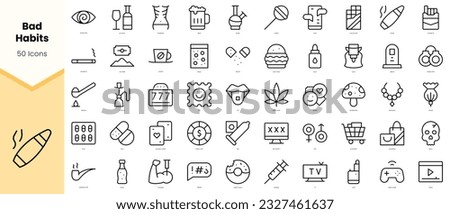 Set of bad habits Icons. Simple line art style icons pack. Vector illustration Foto d'archivio © 