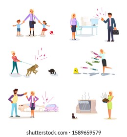 Set of bad luck and stressful situations. Feale character experiences stress in everyday life. hildren are naughty, the head scolds, an accident on the road, food burned. Flat Art Vector Illustration