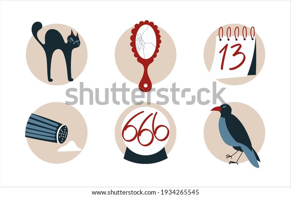 Set of bad luck symbols. Black cat, Friday 13th,
number 666 in crystal ball, shattered mirror, spilled salt.
Unfortunate numbers and misfortune signs. Superstitions concept
vector illustrations set