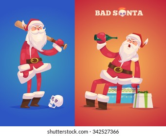 Set of the Bad Santa with presents on blue background. Christmas greeting card background poster. Vector illustration. Merry christmas and Happy new year.