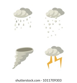 Set of bad weather icon - rain, snow, hurricane and lightning, flat vector illustration isolated on white background. Collection of flat style rain, snow, tornado and lightning icons