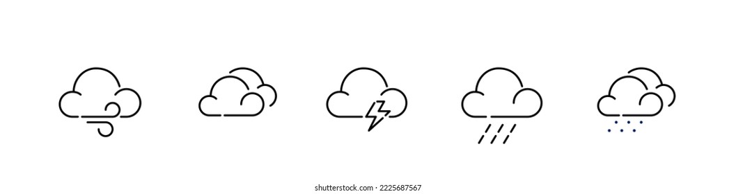 Set of bad weather icons. Cloudy, thunderstorm and rain. Pixel perfect, editable stroke designs