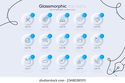 Set of Bad weather, Night weather and Grow plant line icons for web app. Leaf dew, Bio shopping, Sun energy icons. Pecan nut, Fish school, Christmas holly signs. Apple, Beans, Bio tags. Clouds. Vector