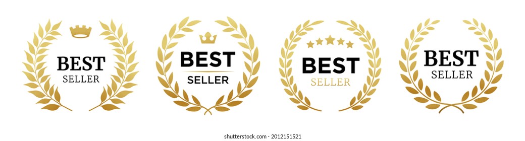 Set of badge best seller, best choice, best price, best quality. Gold logo design with wreath laurel. Vector illustration eps 10