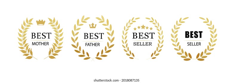 Set of badge best seller, best choice, best price, best quality. Gold logo design with wreath laurel. Vector illustration eps 10