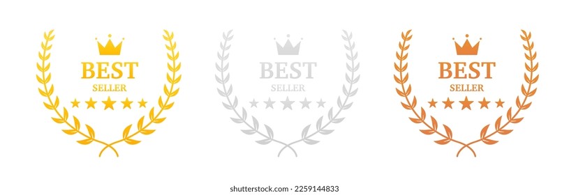 Set von Badge Bestseller, beste Wahl, bestes Preis, beste Qualität. Gold Logo Design mit Kranz Lorrel 1, 2, 3 One, Two, Three in einem realistischen Gold Silver Bronze Laurel Wreath. Vektorgrafik