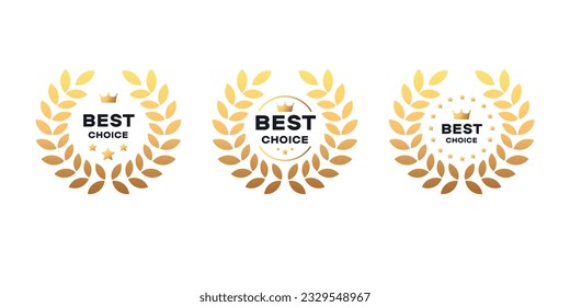 Set of badge best seller, best choice, best price, best quality. Gold logo design with wreath laurel. Vector illustration. Dark grey text on white background.