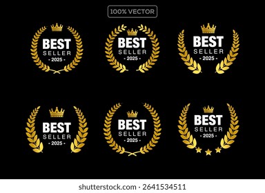 Set of badge best seller, best choice, best price, best quality. Gold logo design with wreath laurel. Vector template illustration