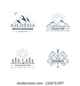 Conjunto de diseño de insignia para actividades al aire libre. Ilustración de arte de línea. Expedición de montaña, campamento al aire libre, desierto, aventura en la naturaleza.