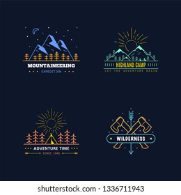 Set of badge design for outdoor activities. Line art illustration. Mountain expedition, outdoor camp, wilderness, nature adventure.