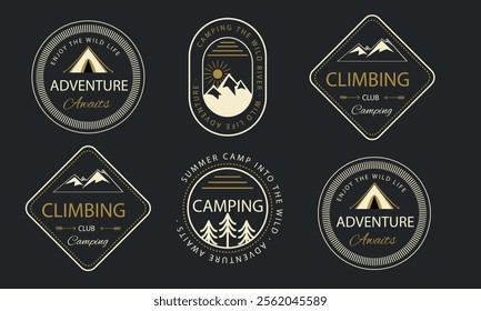 Set of badge design for outdoor activities. Line art illustration. Mountain expedition, outdoor camp, wilderness, nature adventure set.