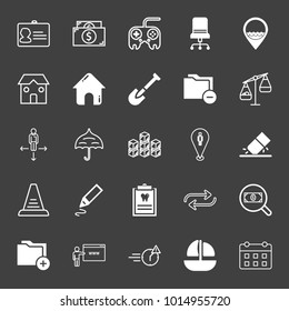 set of badge, dollar cash, joystick, chair, sea location, house, shovel, remove folder, law scale, umbrella, boxes location, eraser, pencil, yacht, calendar, dentist, money search, folder vector icon