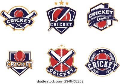 Juego de emblemas Badge Logo de Cricket, equipo de cricket, diseño del logo del club de cricket con palos cruzados y vector de bolas sobre fondo oscuro