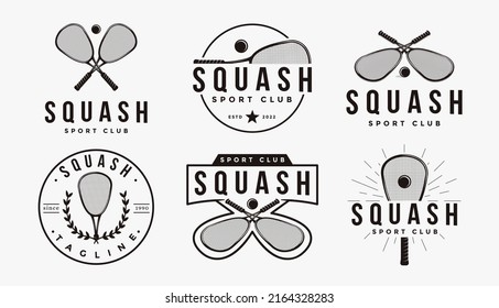 Set of badge emblem Squash club, tournament, squash logo design, Squash racket and ball vector on white background