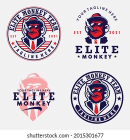 set badge emblem vector monkey apes agent, the stamp of mafia monkey for a sports team, smoke cigarette monkey