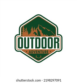 set of badge emblems and logo patches, camping, outdoor adventure, with silhouettes of forest, tent, mountain, bonfire in vintage retro style. illustration logo