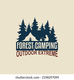 set of badge emblems and logo patches, camping, outdoor adventure, with silhouettes of forest, tent, mountain, bonfire in vintage retro style. illustration logo