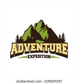 set of badge emblems and logo patches, camping, outdoor adventure, with silhouettes of forest, tent, mountain, bonfire in vintage retro style. illustration logo