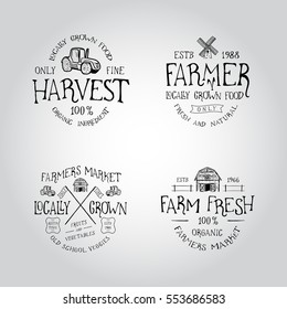 SET OF BADGE FOR FARMERS MARKET, FARM FRESH AND NATURAL  FOOD LOCAL GROWN. Handmade the barn, tractor, mill retro style. Design fashion badge for print. Graphic vintage vector label logo tag template.