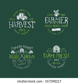 SET OF BADGE FOR FARMERS MARKET, FARM FRESH AND NATURAL  FOOD LOCAL GROWN. Handmade the barn, tractor, mill retro style. Design fashion badge for print. Graphic vintage vector label logo tag template.