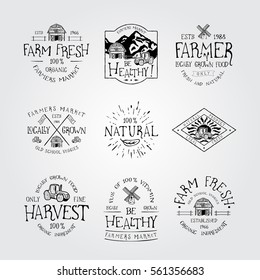 SET OF BADGE FOR FARMERS MARKET, FARM FRESH AND NATURAL  FOOD LOCAL GROWN. Handmade the barn, tractor, mill retro style. Design fashion badge for print. Graphic vintage vector label logo tag template.