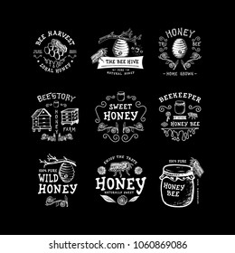 Set of badge Honey. Hand drawn bee, flower, hive, glass jar. Label logo template. Design fashion apparel print. Graphic vintage illustration.