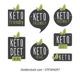 Set badge keto diet. Vector flat illustration. Ketogenic diet logo sign. Keto diet menu. Collection round, square, in the form of vegetables icon keto friendly diet with leaves isolated on white.