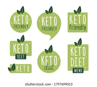 Set badge keto diet. Vector flat illustration. Ketogenic diet logo sign. Keto diet menu. Collection round, square, in the form of vegetables icon keto friendly diet with leaves isolated on white.