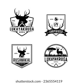 Elemento de diseño del logotipo de etiqueta de conjunto de etiquetas de insignia. Cabeza de ciervo, pistolas, bosque y palomas. Símbolos retro vintage de la colección de plantillas premium. Ilustración vectorial. Gráficos hechos a mano.