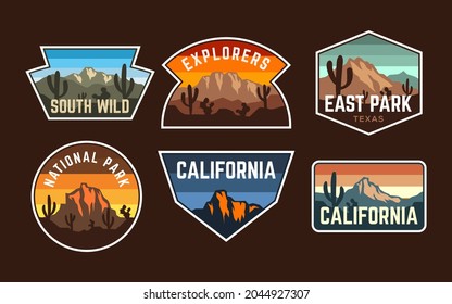 Set of Badge patch mountain desert vintage retro style, sticker emblem logo national park collection