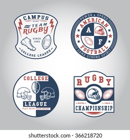 SET OF BADGE RUGBY. Handmade football ball, shoes, helmet retro style. Design fashion apparel texture print. T shirt graphic vintage grunge vector illustration badge label logo template. 