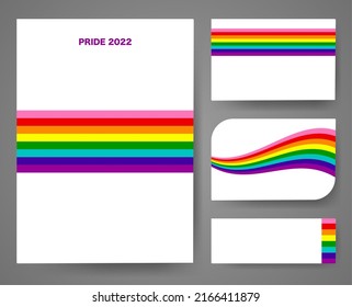 Set Badge, Tag, Card For Gay Pride 2022, Rainbow Flag LGBTQIA Template. Diversity E Inclusivity. Pride Banners With LGBT Flag Sign. Vector Illustration, Colorful Frame Border Isolated White Background