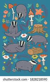 Set of badgers and forest details. Vector graphics.